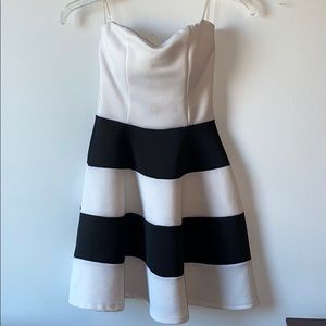 Black and White Striped Strapless Dress